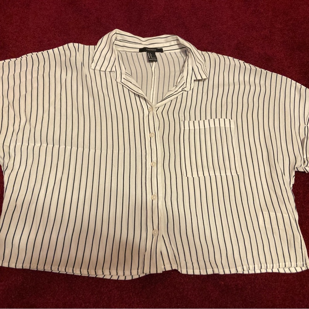 Small Striped Collared Button-Down Cropped Tee